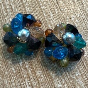 Signed Germany Clip-on multi color flower Earrings